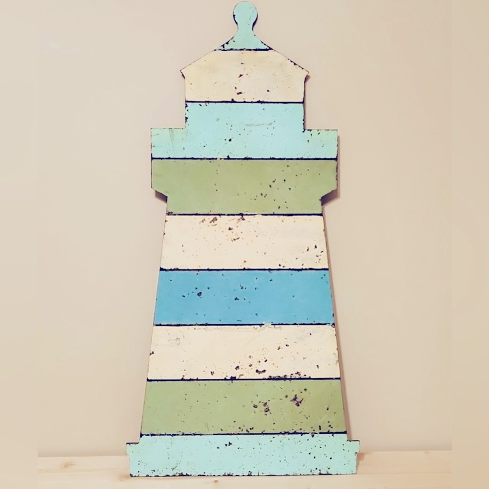 Distressed, Wooden Lighthouse (Beach Colors: Aqua, Sage Green, Off White/Bone)…